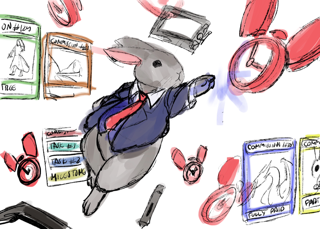 BNNUY, the WipDesk mascot, surrounded by commission cards — free, partial and fully paid