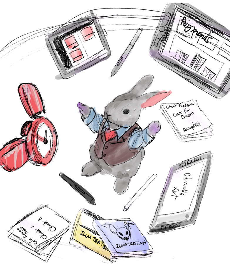 BNNUY, the WipDesk mascot, conducting commissions, payments and deliverables at once